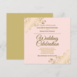 Invitación Boda elegante Rubor Pink Square Gold Filigree