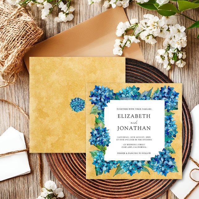 Invitación Boda elegante rústica arena azul marino hortensias (Subido por el creador)