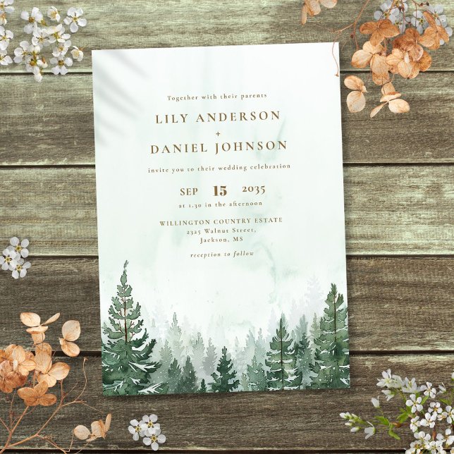 Invitación Boda elegante rústica de bosque de pino con acuare (Rustic Elegant Watercolor Pine Tree Forest Wedding Invitation)