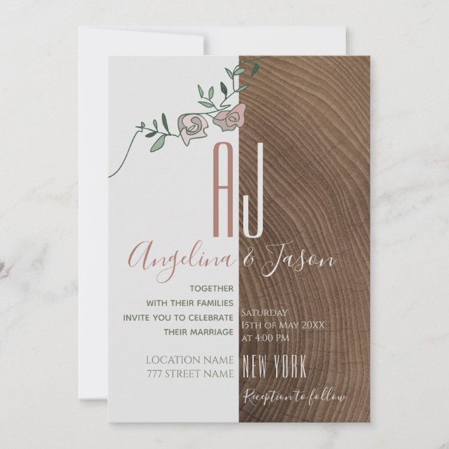 Invitación Boda elegante rústica de madera y floral rosa polv (Anverso)