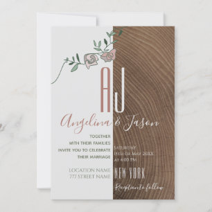 Invitación Boda elegante rústica de madera y floral rosa polv