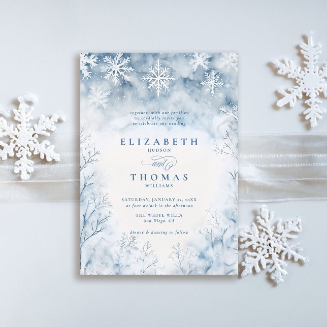Invitación Boda elegante rústica del bosque de nieve en invie (winter wedding invitation elegant white falling snow rustic elegant forest frozen trees watercolor)