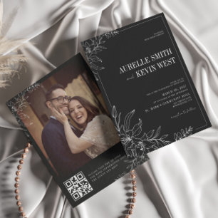 Invitación Boda elegante rústica floral negra parte trasera Q