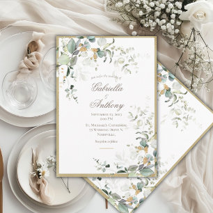 Invitación Boda elegante rústica hojas verde dorado