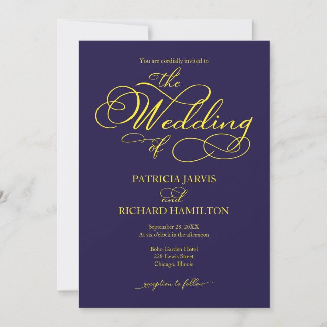 Invitación Boda Elegante Script Azul Marino Amarillo (Anverso)