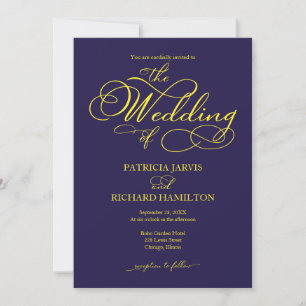 Invitación Boda Elegante Script Azul Marino Amarillo