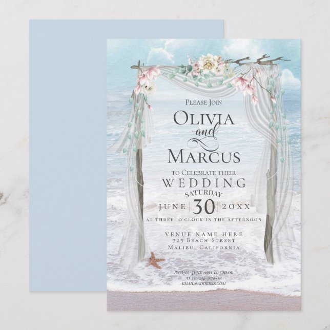 Invitación Boda | Elegante Seaside Driftwood Tulle Arbor (Anverso / Reverso)