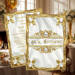 Invitación Boda Elegante Seda Oro Blanco Diamantes Gemas