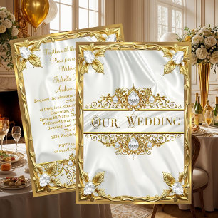 Invitación Boda Elegante Seda Oro Blanco Diamantes Gemas