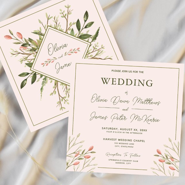 Invitación Boda Elegante Selva deja suave rosa (Wedding Elegant Forest Leaves Soft Pink Invitation)