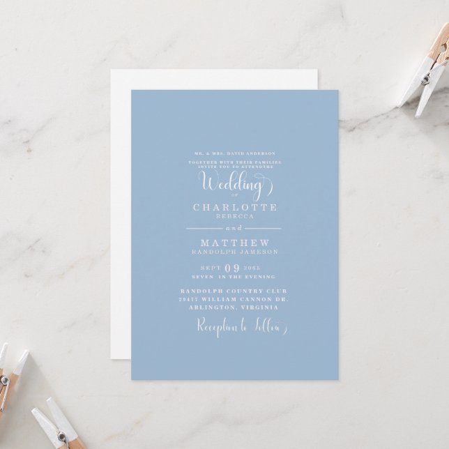 Invitación Boda elegante simple azul polvoriento (Anverso/Reverso In Situ)