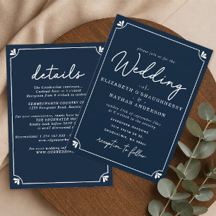 Invitación Boda elegante simple azul y blanco todo en uno