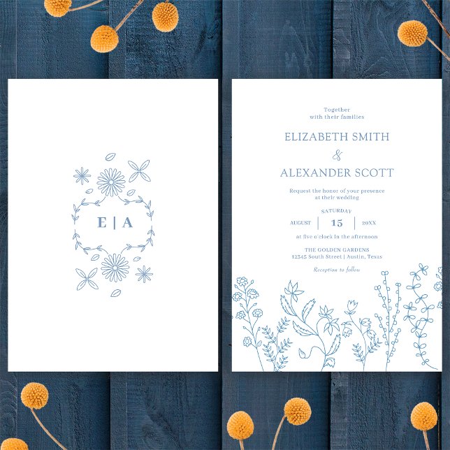 Invitación Boda elegante simple de flores silvestres pervinca (Subido por el creador)