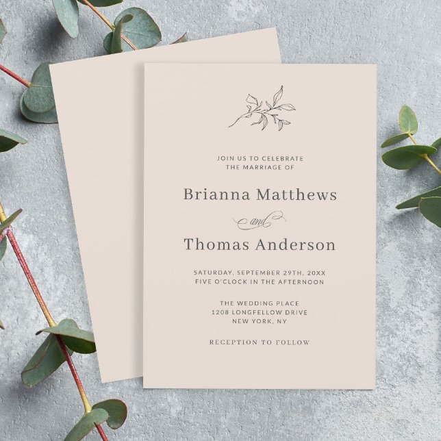 Invitación Boda elegante simple en el Beige de otoño (Simple elegance, this wedding invitation in neutral autumn beige with a subtle leafy branch.)