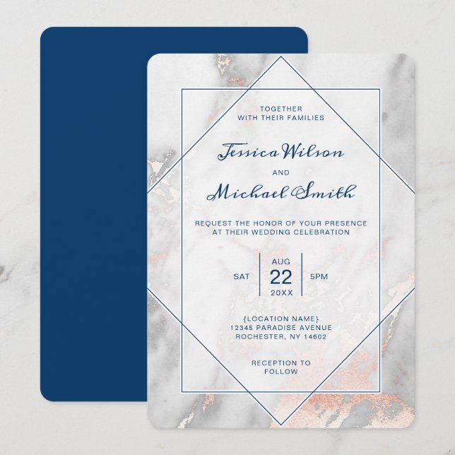 Invitación Boda elegante subió azules marinos de mármol (Anverso / Reverso)