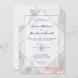 Invitación Boda elegante subió azules marinos de mármol