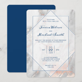 Invitación Boda elegante subió azules marinos de mármol