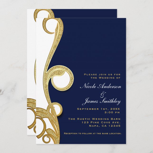 Invitación Boda Elegante Torbellino Azul Marino Oro Blanco (Anverso / Reverso)