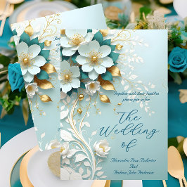 Invitación Boda elegante turquesa azul blanco oro floral orna