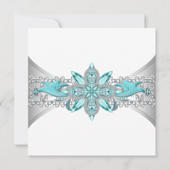 Invitación Boda elegante turquesa azul y plata (Anverso)