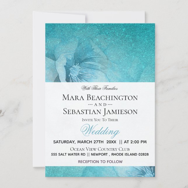 Invitación *~* Boda elegante Verde azulada Purpurina floral (Anverso)