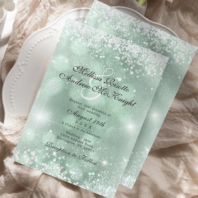 Invitación Boda Elegante Verde Claro con Brillo de Plata (Subido por el creador)