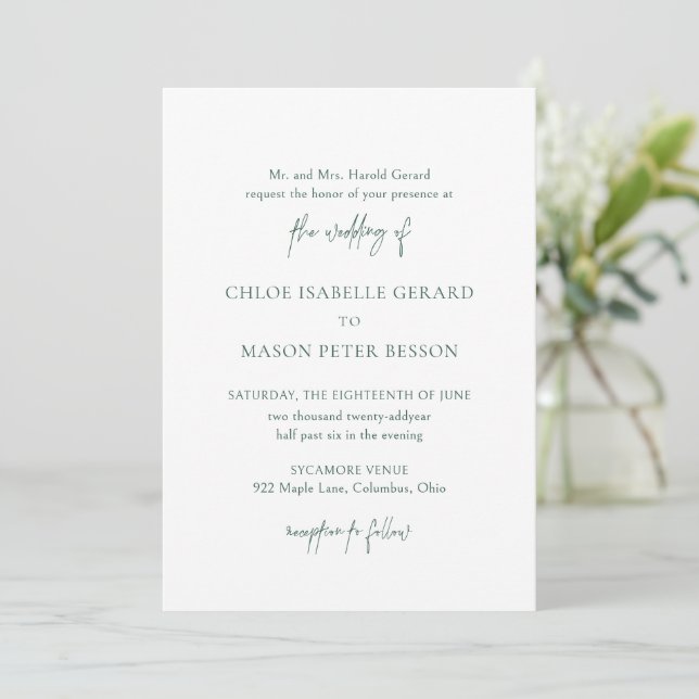 Invitación Boda elegante verde del bosque clásico (Anverso de pie)