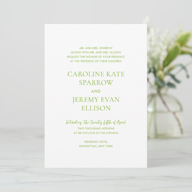 Invitación Boda elegante verde limón limpia (Anverso de pie)