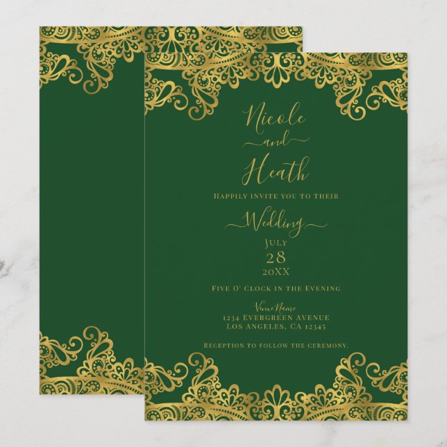 Invitación Boda elegante verde oscuro y dorado    (Anverso / Reverso)