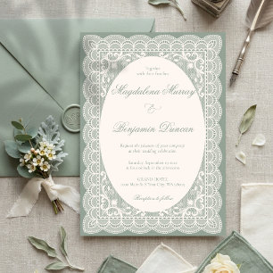 Invitación Boda elegante verde salvia chic marfil vintage enc
