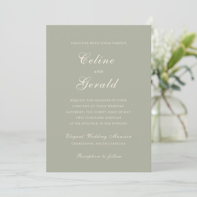 Invitación Boda elegante verde silenciada clásica (Anverso de pie)