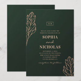 Invitación Boda elegante verde y dorada. Botánica esmeralda