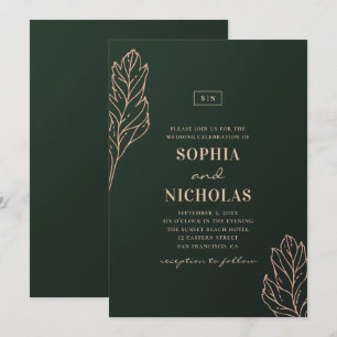 Invitación Boda elegante verde y dorada. Botánica esmeralda