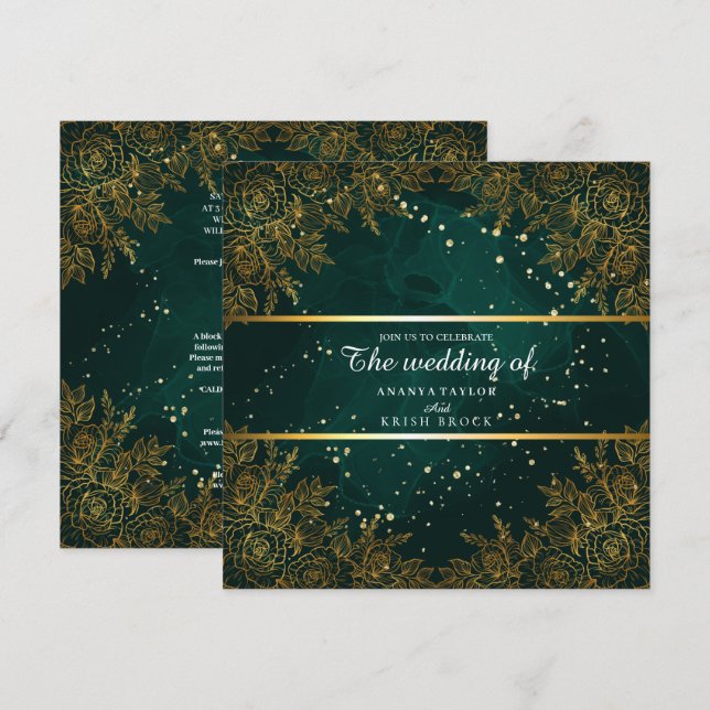 Invitación Boda elegante verde y negro (Anverso / Reverso)