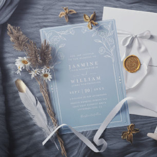 Invitación Boda elegante vintage en blanco y azul con código 