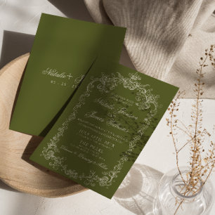 Invitación Boda elegante vintage en verde oliva antiguo diner