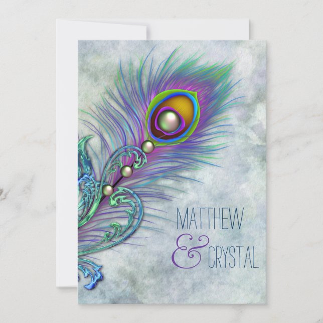 Invitación Boda Elegante Vintage Pavo Real (Anverso)