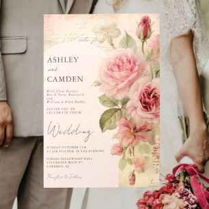 Invitación Boda Elegante Vintage Rosas Rosa Claro