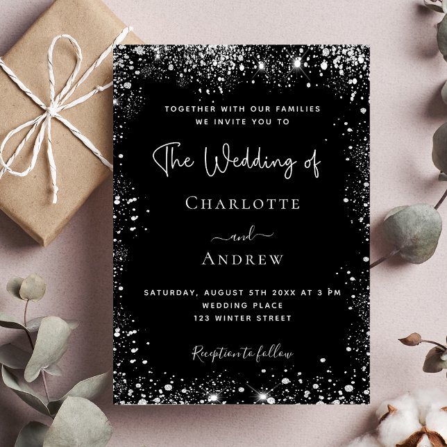 Invitación Boda elegante y brillante de plata negra (Subido por el creador)