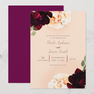 Invitación Boda elegante y chic con floral oscuro marsala mel