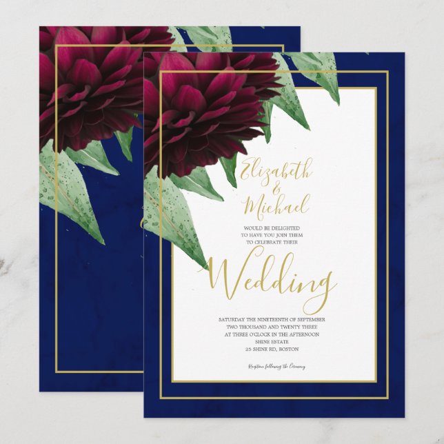 Invitación Boda elegante y chic con flores de Borgoña y dorad (Anverso / Reverso)
