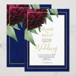 Invitación Boda elegante y chic con flores de Borgoña y dorad