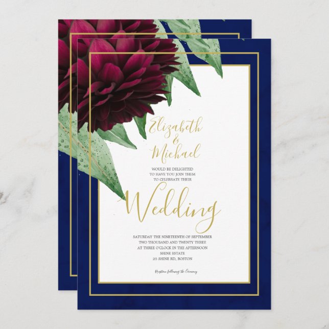 Invitación Boda elegante y chic floral de Borgoña Navy Gold (Anverso / Reverso)