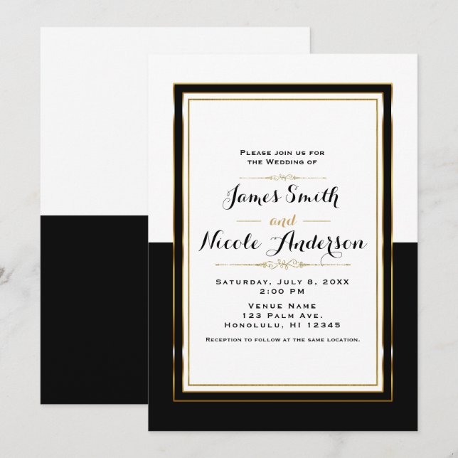 Invitación Boda elegante y chic mitad negro, blanco y dorado (Anverso / Reverso)