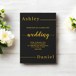 Invitación Boda elegante y chic negra y dorada moderna y simp