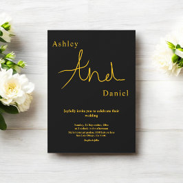 Invitación Boda elegante y chic negra y dorada simple moderna