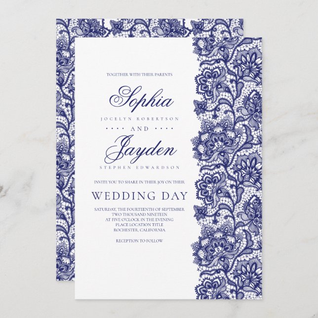 Invitación Boda elegante y moderno de canto azul de la marina (Anverso / Reverso)