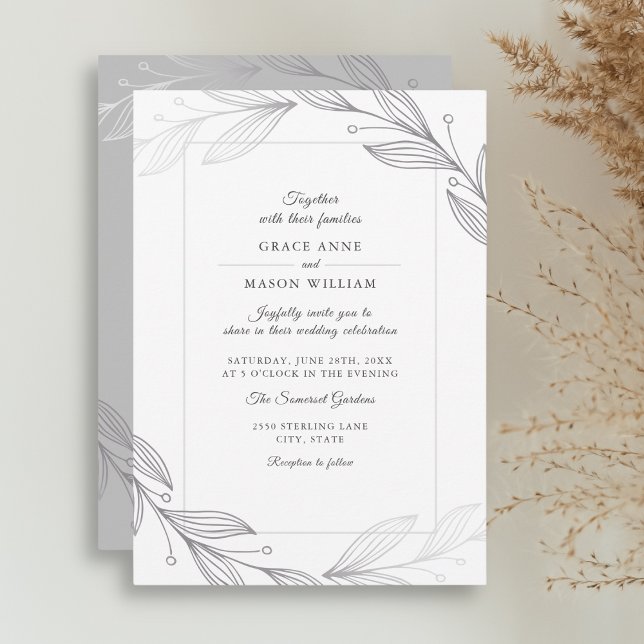 Invitación Boda elegante y moderno de hojas botánicas platead (Subido por el creador)