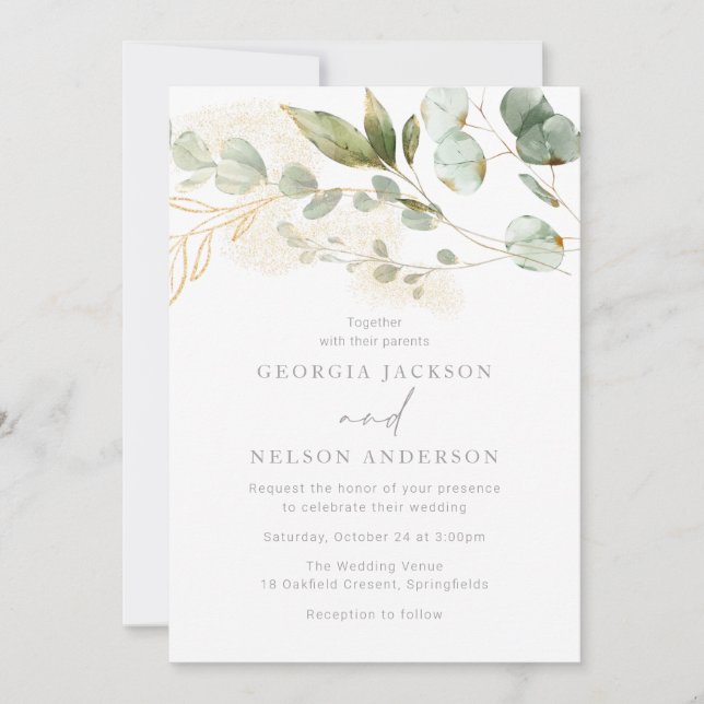 Invitación Boda elegante y moderno de hojas verdes sabrosas (Anverso)