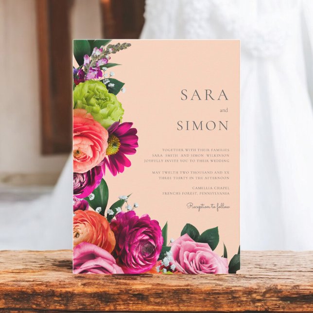 Invitación Boda elegante y moderno de melocotón floral (vibrant florals on a light pink background wedding invitation 
)